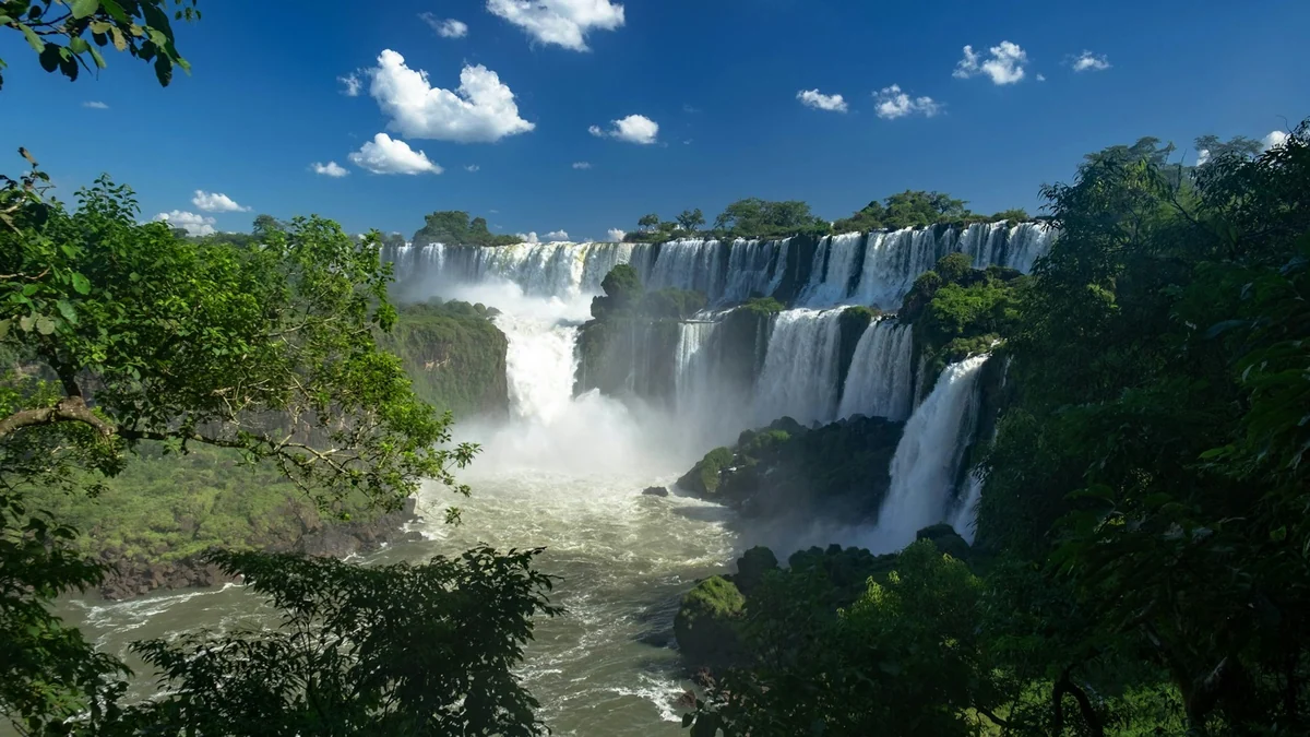 Panorama mehrerer Iguazú-Wasserfälle auf der argentinischen Seite, eingerahmt von dichtem grünem Regenwald.