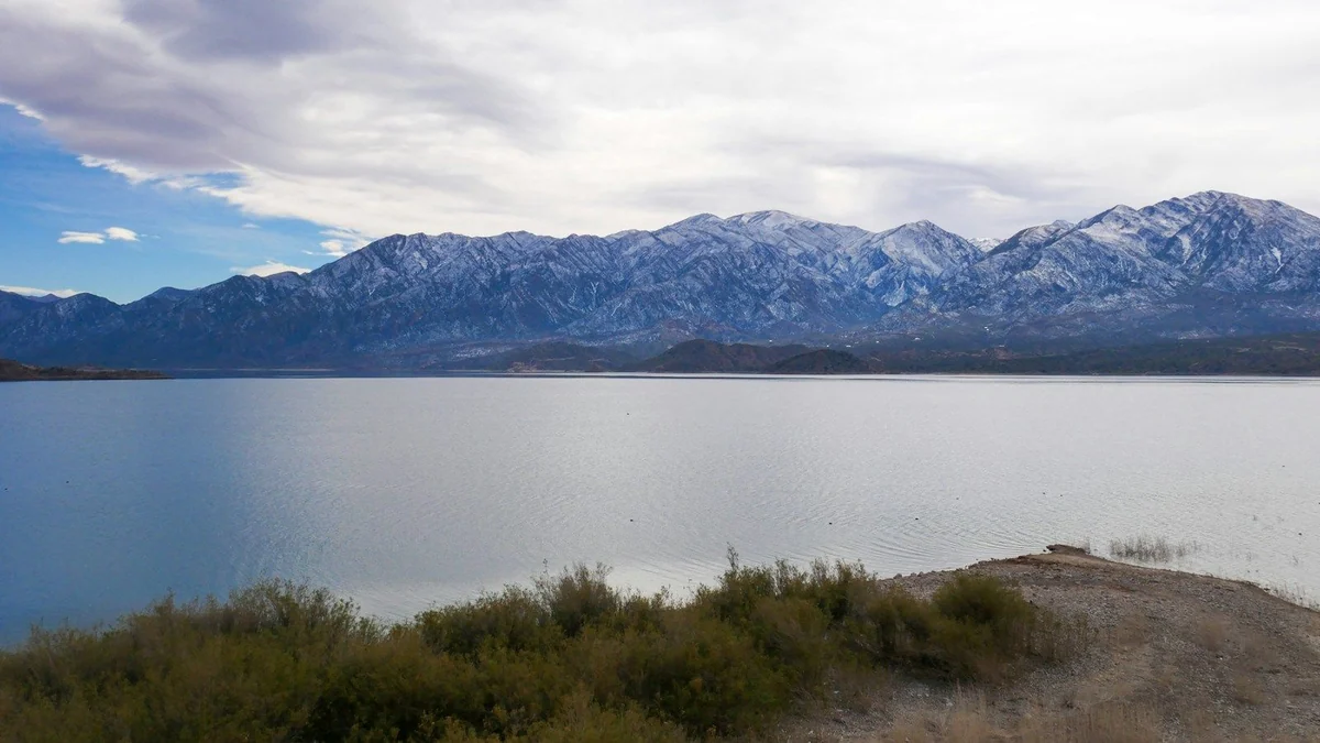 Stausee Potrerillos mit Ufergras und kargen Andenbergen unter Wolken.