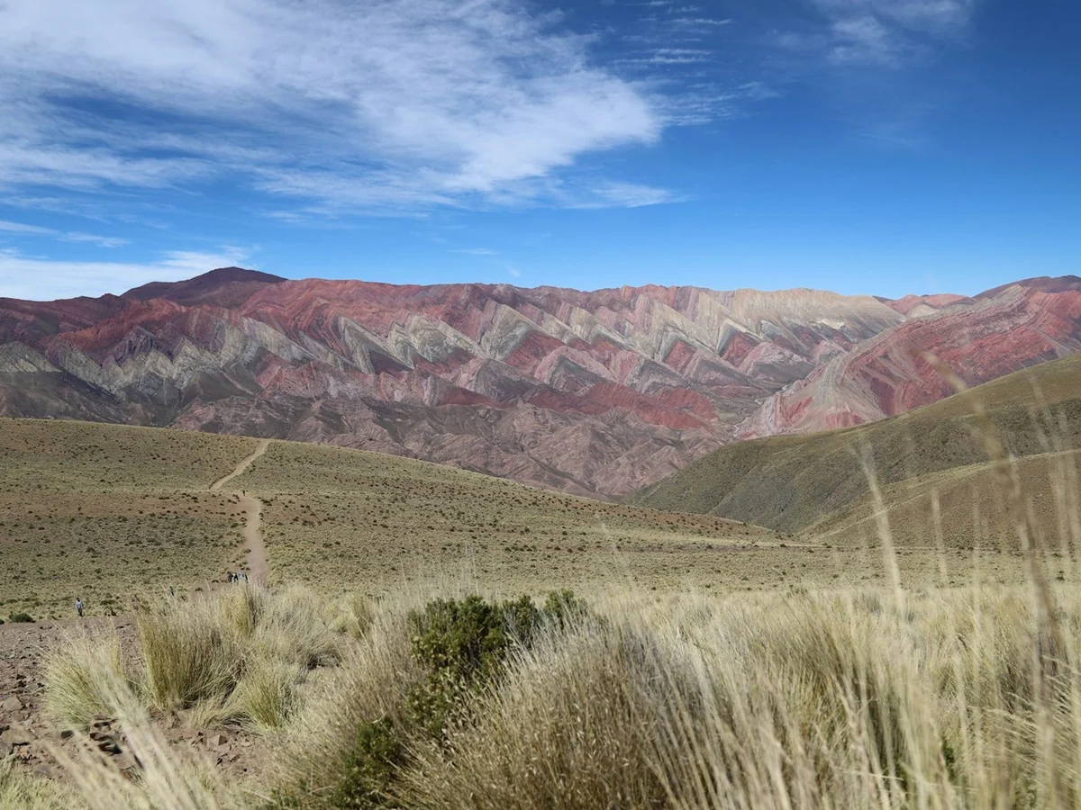 Mehrfarbige gefaltete Berghänge der Serranía del Hornocal hinter trockenem Hochlandgras.